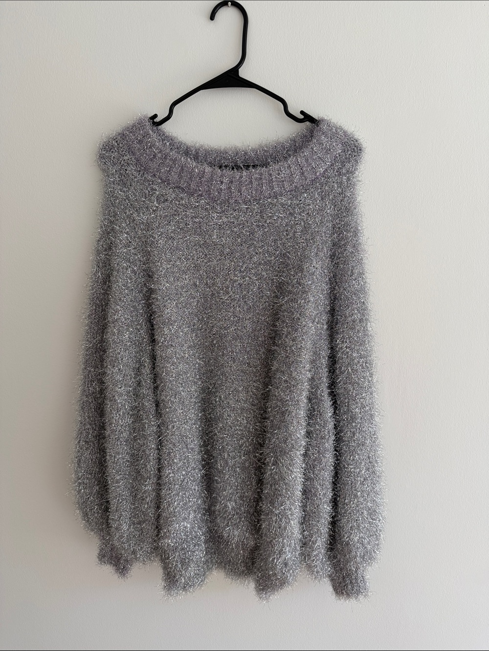 Glamorous Silver-Gray Fuzzy Crewneck Sweater